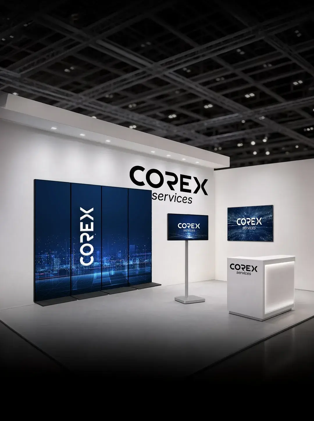 Stand fieristico Corex con videowall, monitor e totem Digital Signage