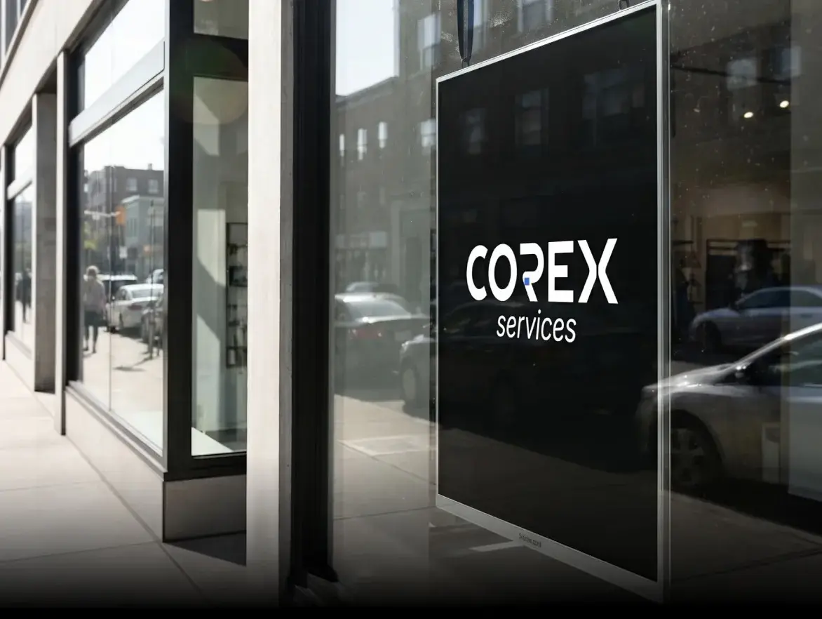 Display Digital Signage con il logo Corex nella vetrina di un negozio